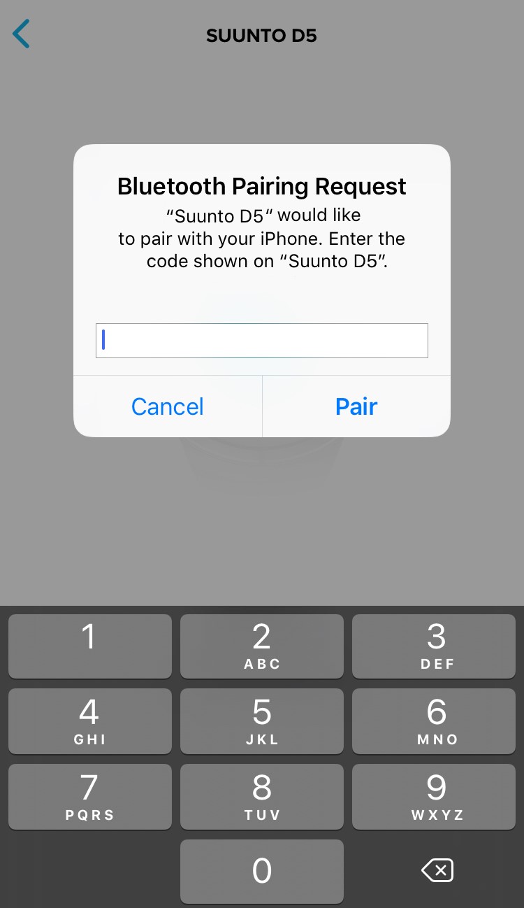 Enter the passkey to pair your Suunto D5 with Suunto app for iOS